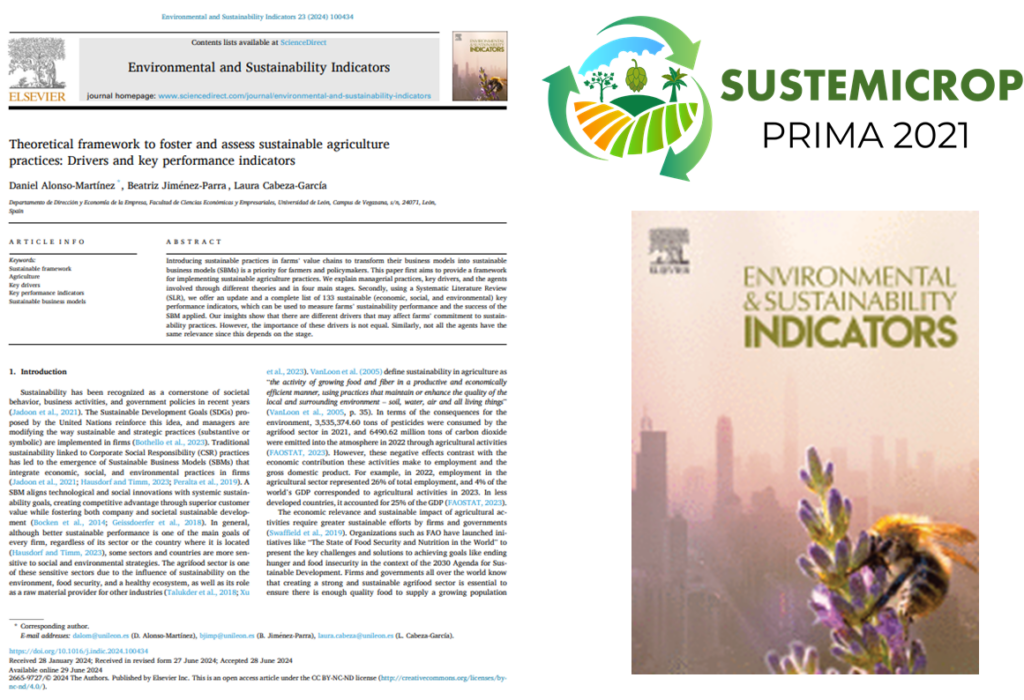 SUSTEMICROP Consortium has published a new scientific publication¡¡¡¡ The manuscript has been published in the Environmental and Sustainability Indicators (Elsevier Publishing) under the title “Theoretical framework to foster and asses sustainable agriculture practices: Drivers and key performance indicators