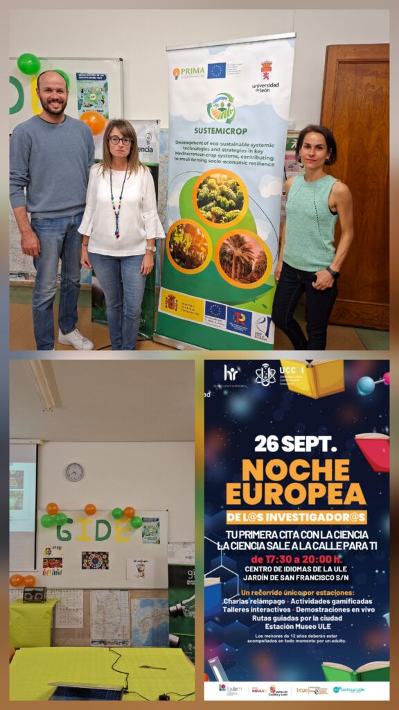 Once again, the researchers from the GIDE research group at the University of León and members of the SUSTEMICROP project (PRIMA 2021), Dr. Daniel Alonso, Dra. Laura Cabeza and Dra. Beatriz Jiménez, took part in the European Researchers´ Night 2025 event in Léon.